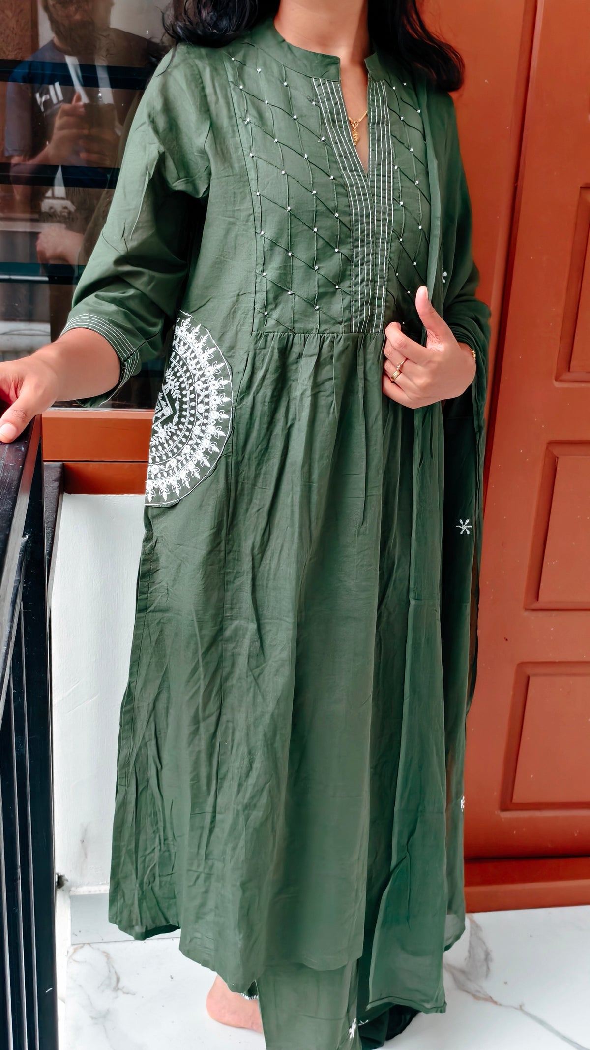 Anjanam Leaf Grace – Dark Green Jaipur Cotton Churidar Set for Women