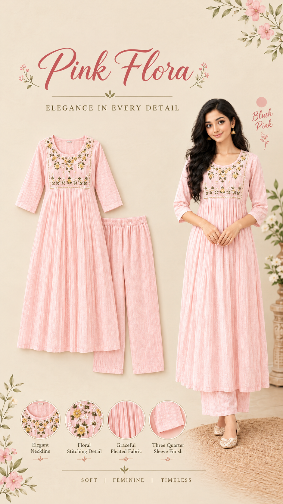 Anjanam Pink Flora – Soft Pink Floral Embroidered Co-Ord Set for Women