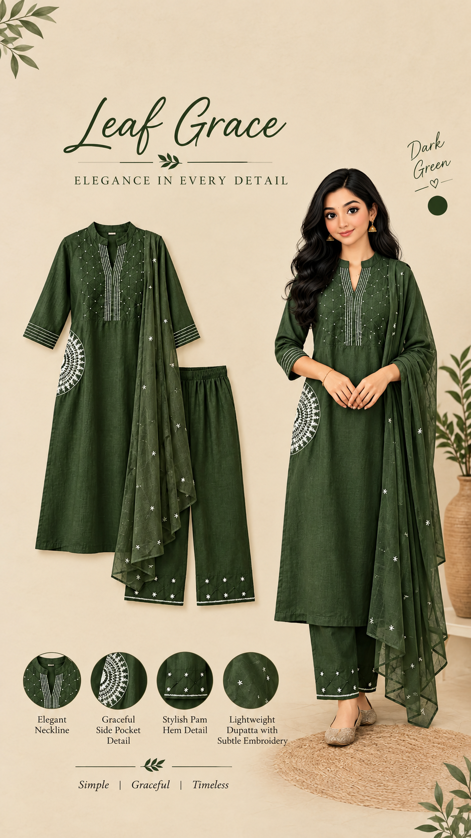 Anjanam Leaf Grace – Dark Green Jaipur Cotton Churidar Set for Women