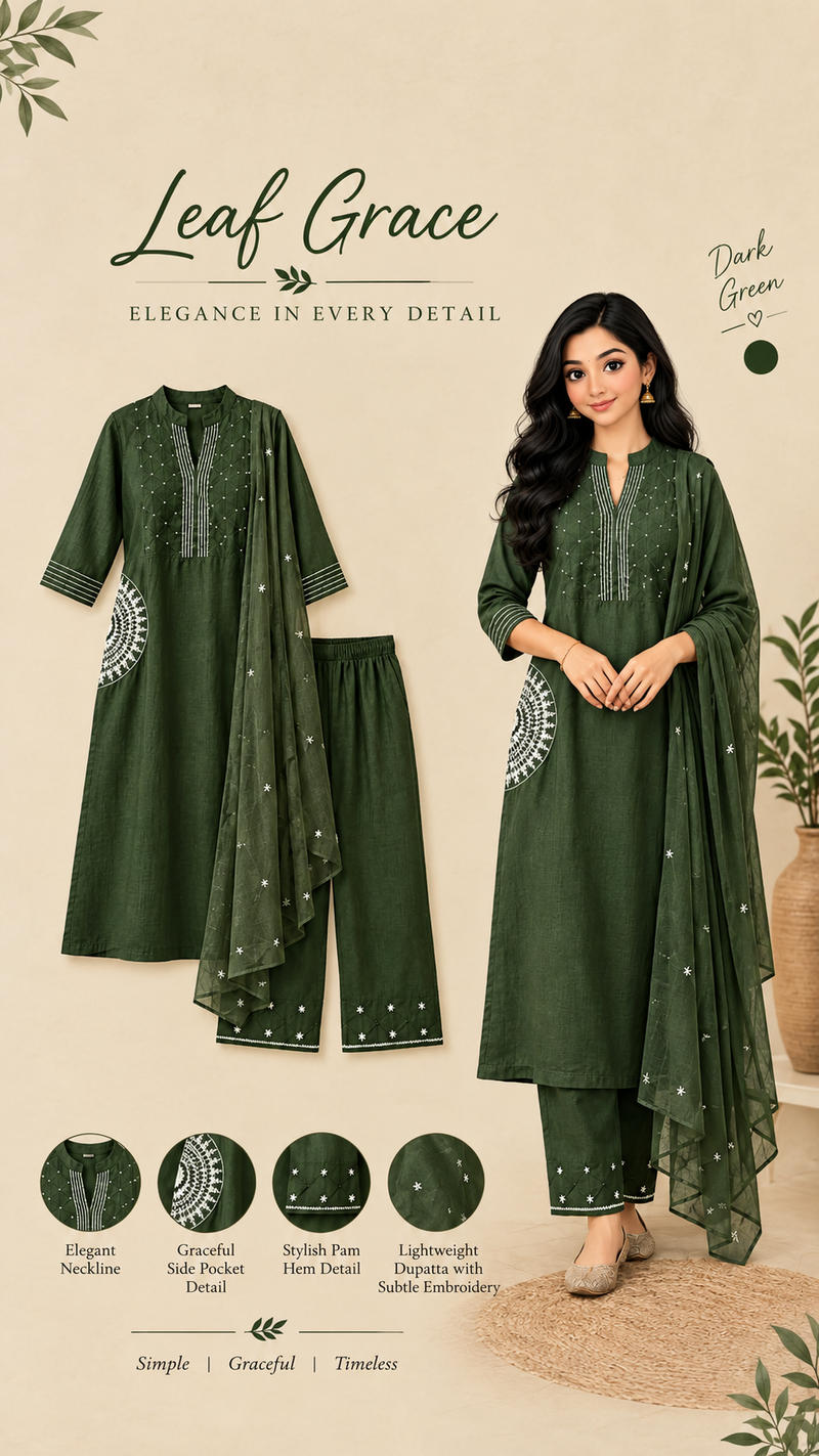 Anjanam Leaf Grace – Dark Green Jaipur Cotton Churidar Set for Women